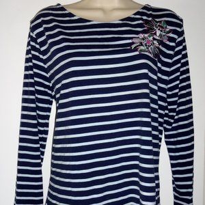 Blue stripe ANN TAYLOR floral design knit top sz L